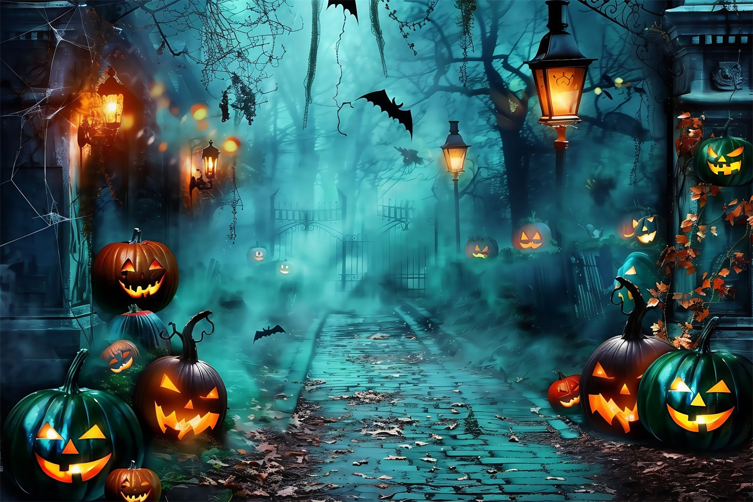 Scary Halloween Backdrop Foggy Pumpkin Pathway Backdrop MRR7-26