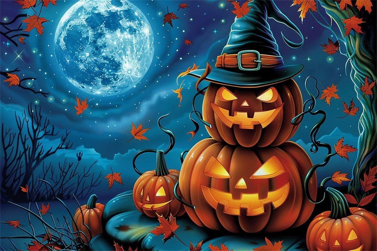 Halloween Moon Backdrop Smiling Pumpkins Stars Backdrop MRR7-29
