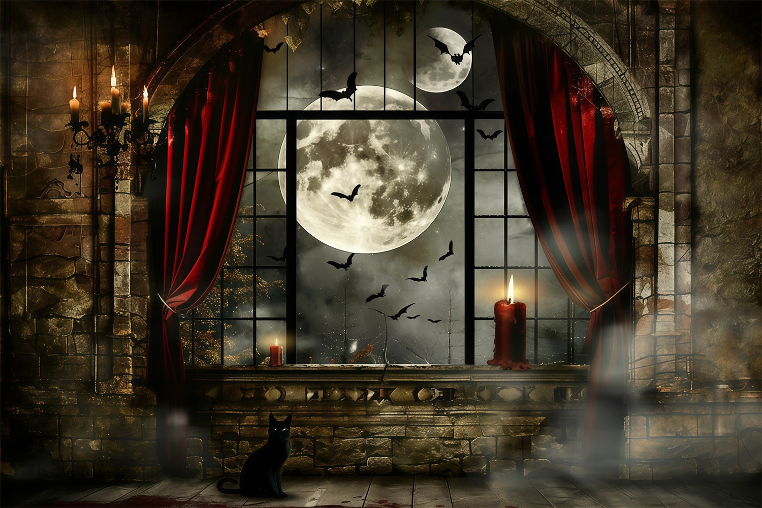 Halloween Moon Backdrop Haunted Window Glow Backdrop MRR7-33