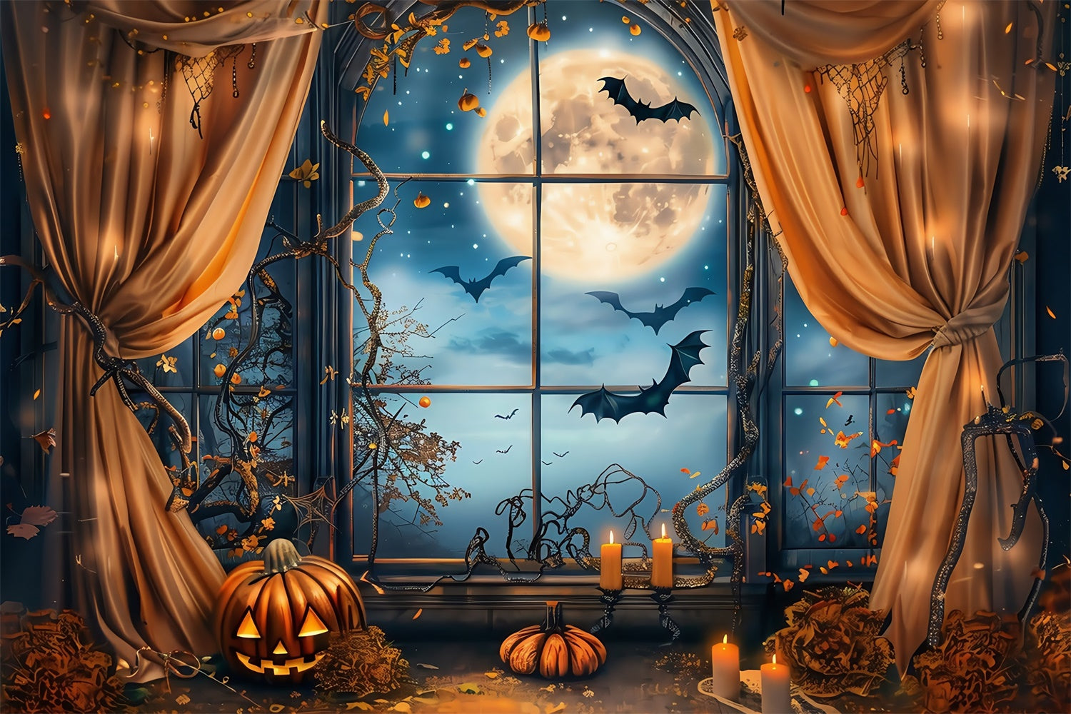 Halloween Moon Backdrop Midnight Bat Window Backdrop MRR7-42