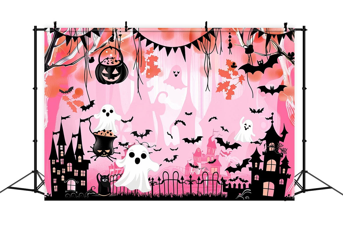 Cute Halloween Backdrop Ghostly Bat Castle Pink Backdrop MRR7-46