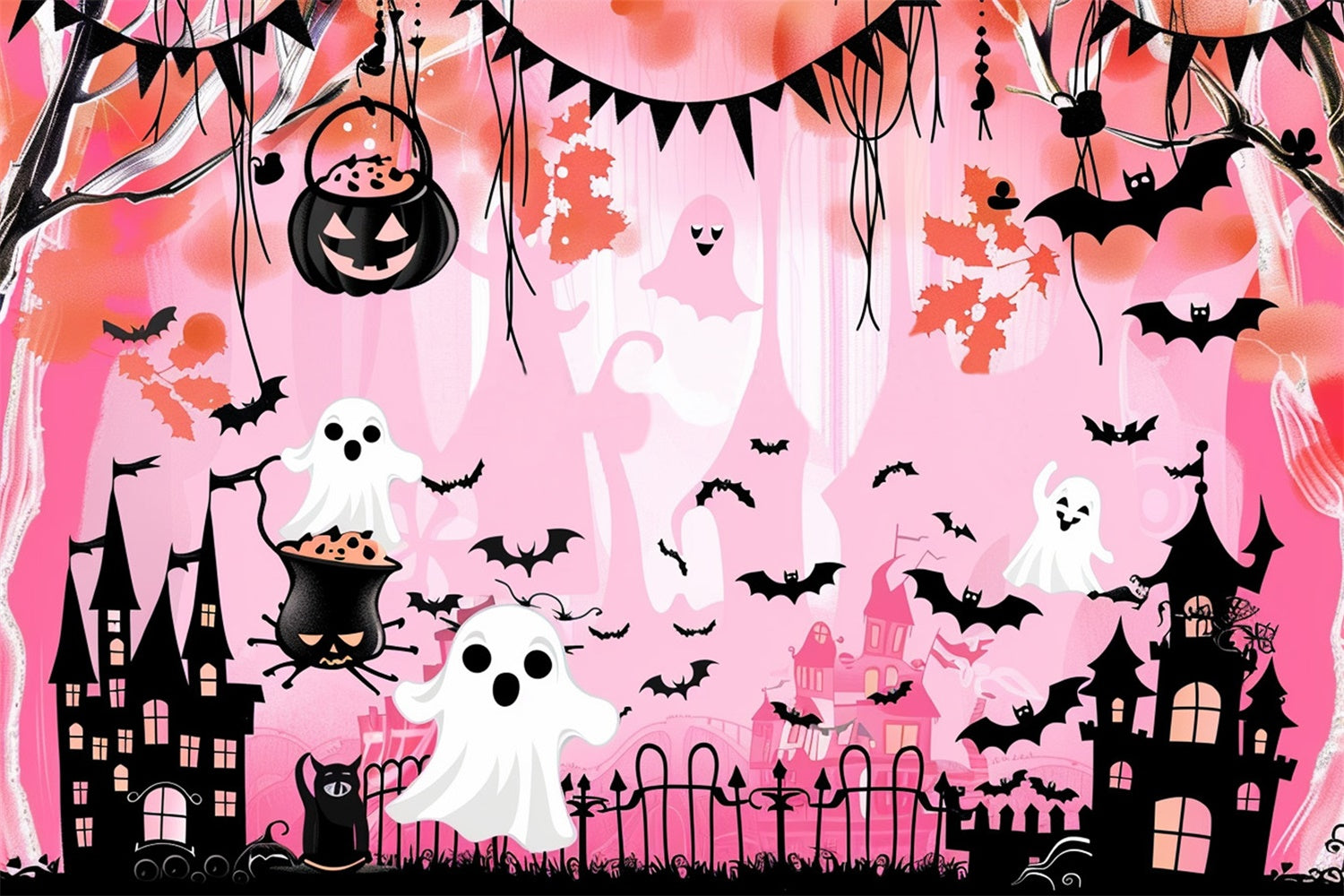 Cute Halloween Backdrop Ghostly Bat Castle Pink Backdrop MRR7-46