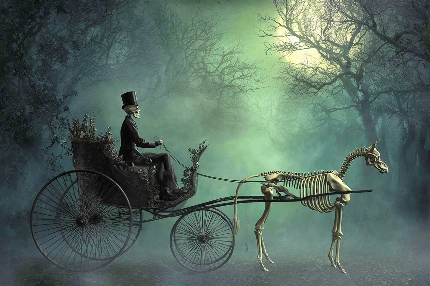 Forest Backdrop Moonlit Haunted Carriage Halloween Backdrops MRR7-48