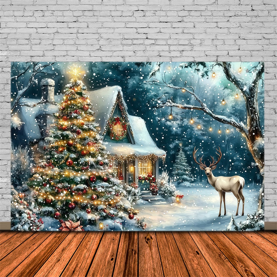 Christmas Photo Backdrop Twinkling Tree Cabin Backdrop MRR7-74