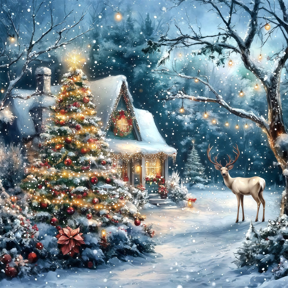 Christmas Photo Backdrop Twinkling Tree Cabin Backdrop MRR7-74