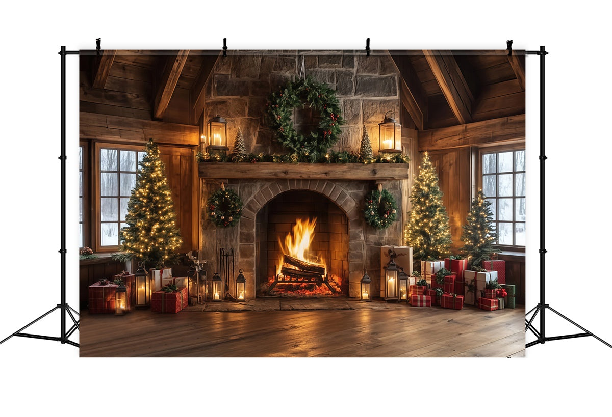 Christmas Fireplace Backdrop Rustic Lodge Hearth Backdrop MRR7-80