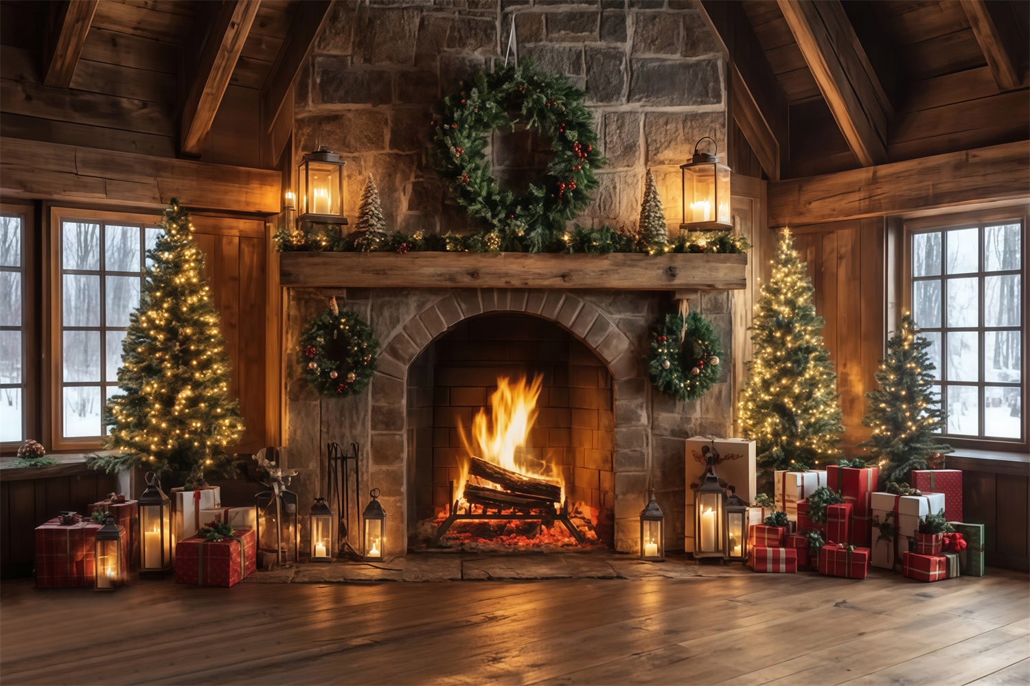 Christmas Fireplace Backdrop Rustic Lodge Hearth Backdrop MRR7-80