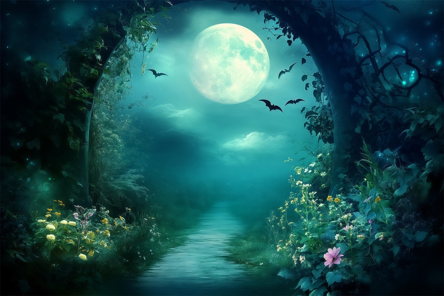 Night Forest Backdrop Midnight Blossom Path Backdrop MRR7-99