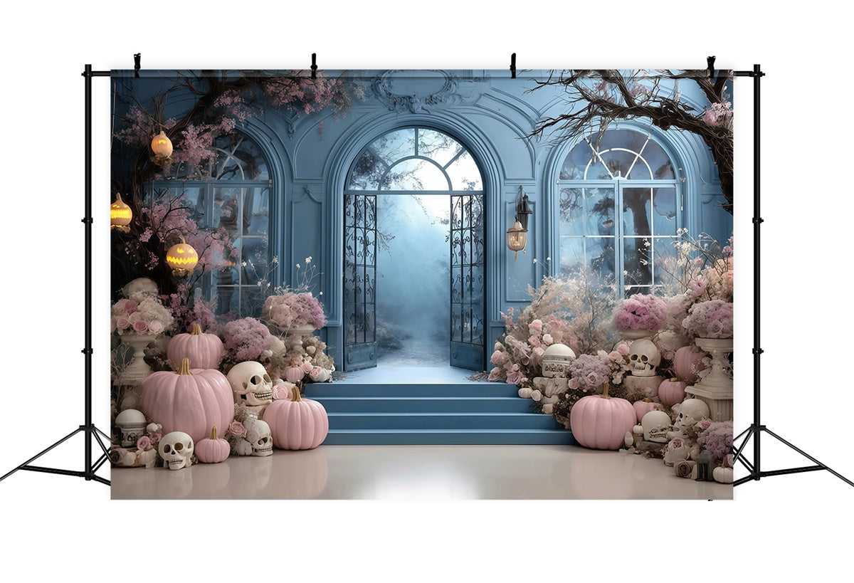 Halloween Backdrop Ideas Pink Flower Pumpkin Blue Door Wall Halloween Backdrop MRR8-10