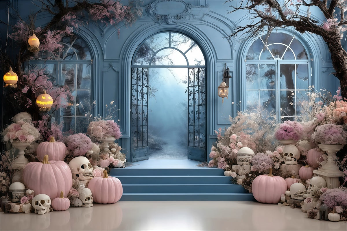 Halloween Backdrop Ideas Pink Flower Pumpkin Blue Door Wall Halloween Backdrop MRR8-10