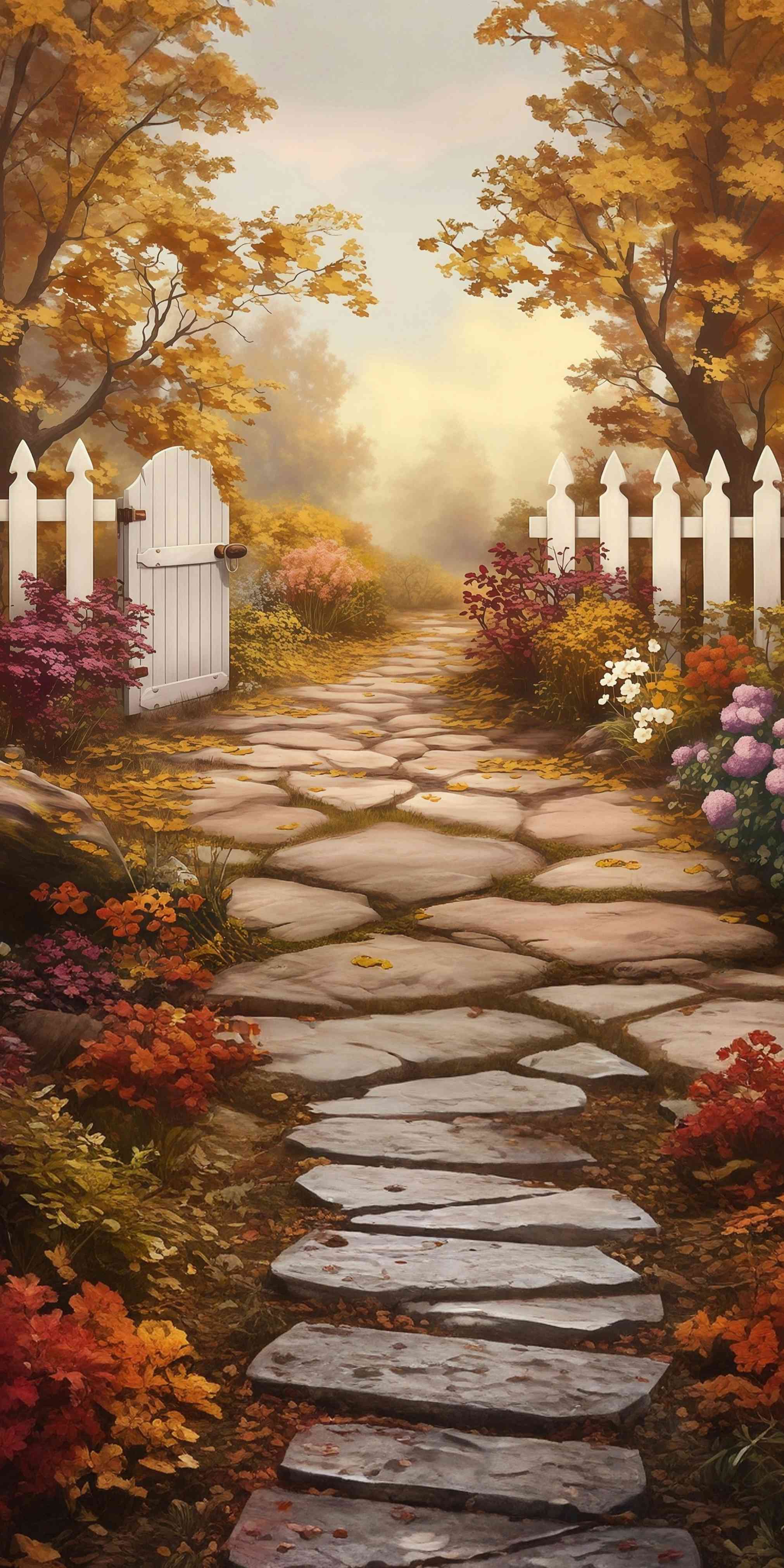 Fall Backdrops White Fence Garden Pathway Sweep Backdro MRR8-100