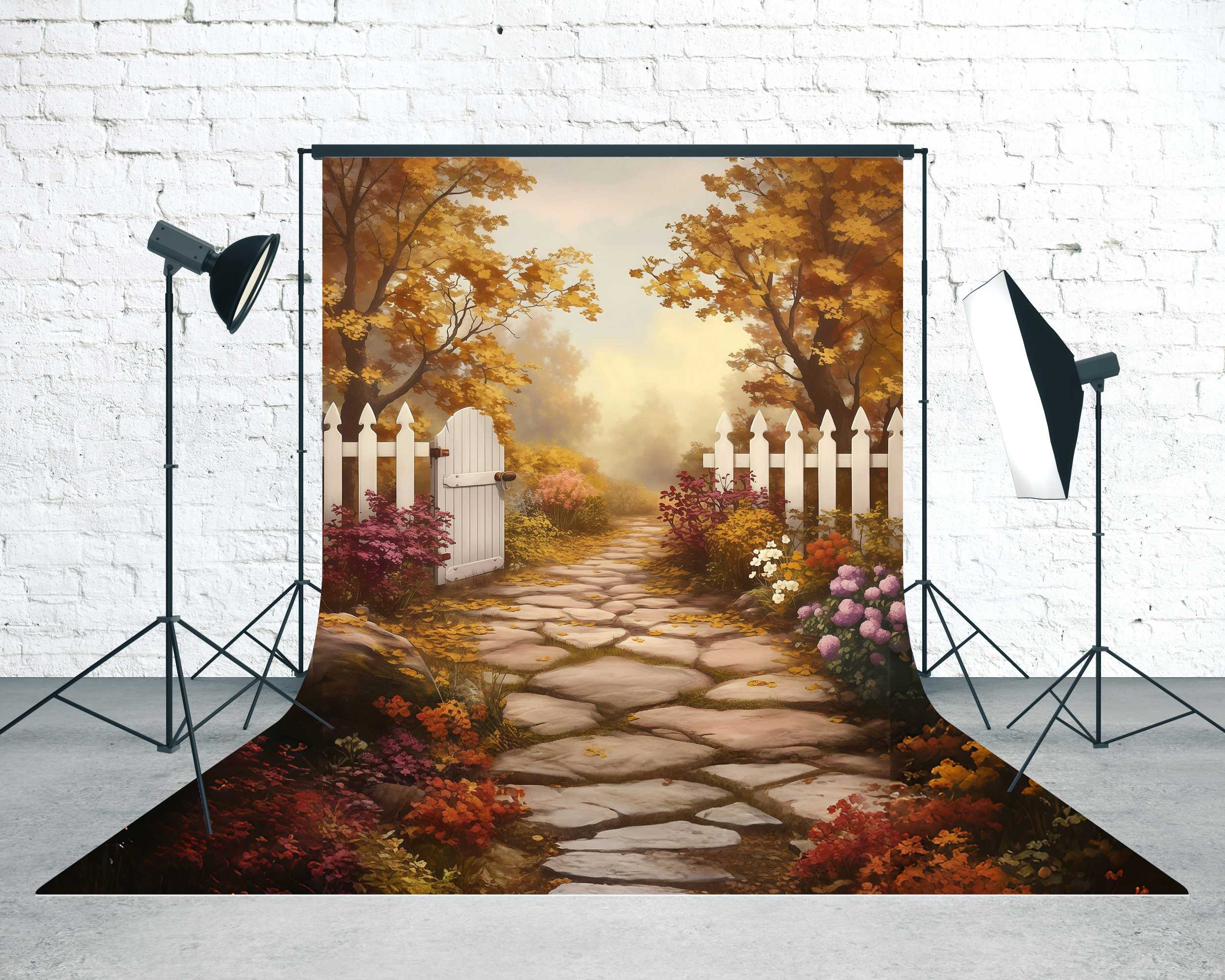 Fall Backdrops White Fence Garden Pathway Sweep Backdro MRR8-100
