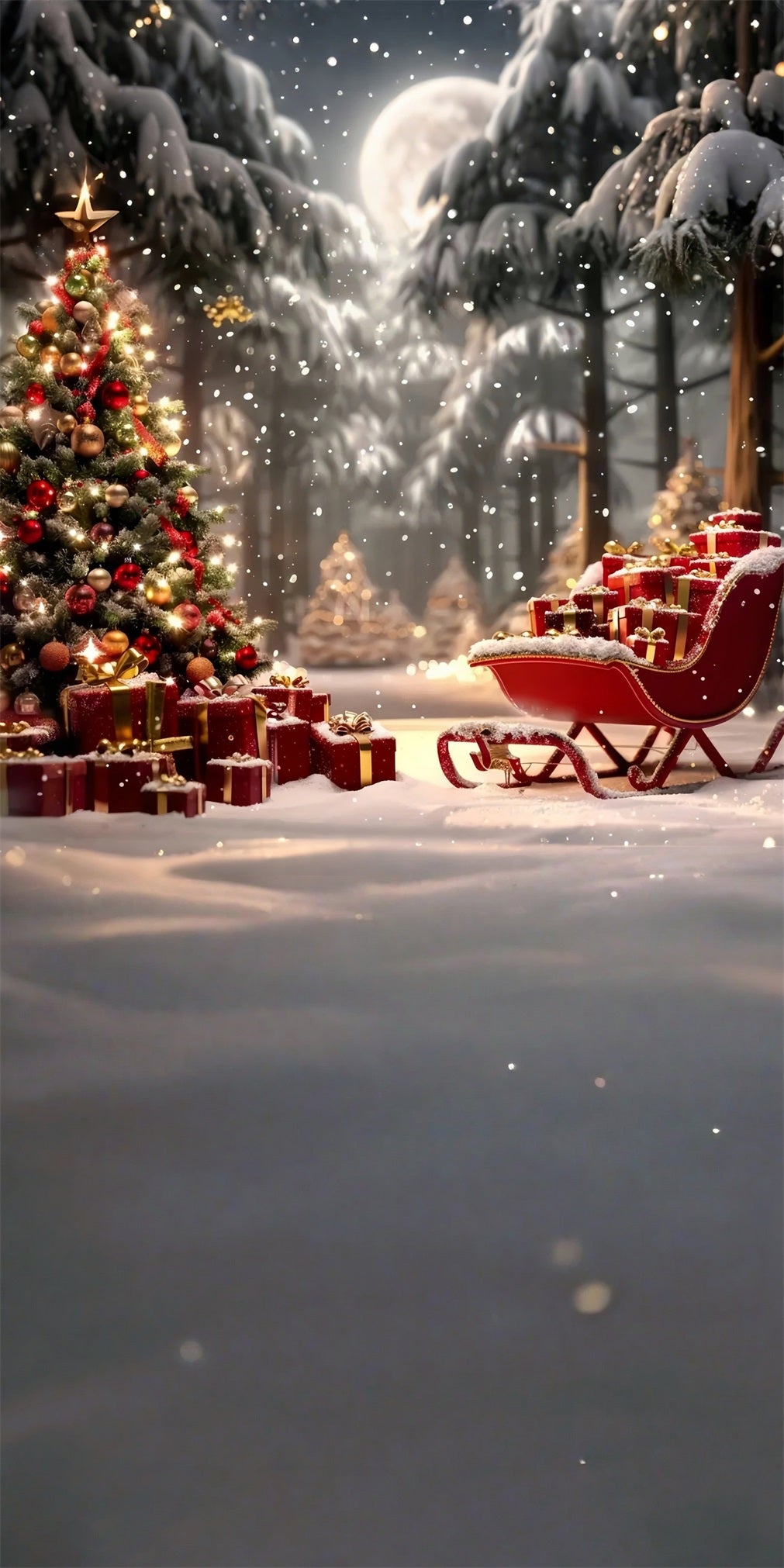 Christmas Tree Backdrop Red Gift Sleigh Christmas Eve Christmas Photo Backdrop MRR8-103