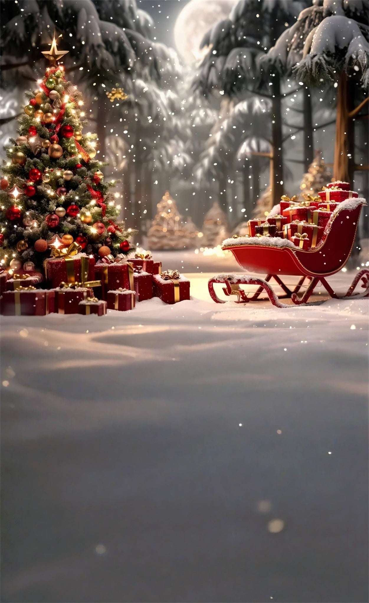 Christmas Tree Backdrop Red Gift Sleigh Christmas Eve Christmas Photo Backdrop MRR8-103