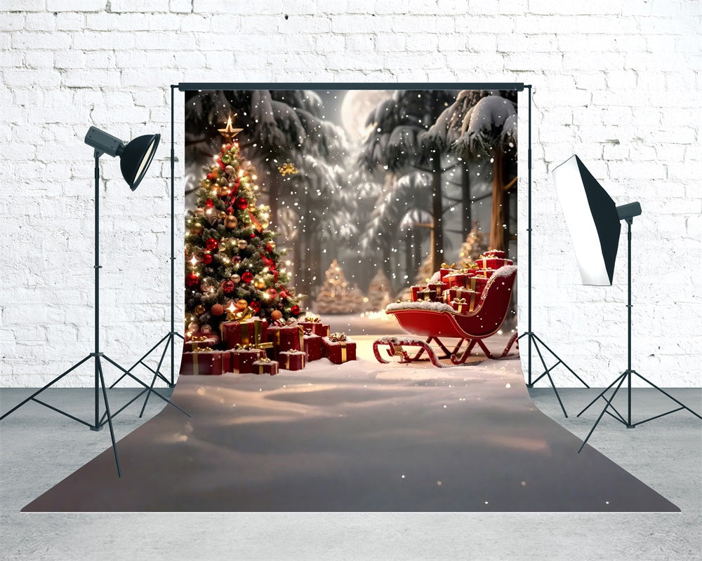 Christmas Tree Backdrop Red Gift Sleigh Christmas Eve Christmas Photo Backdrop MRR8-103