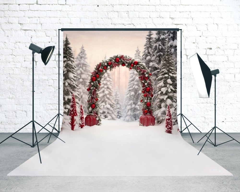 Christmas Tree Farm Backdrop Red Ball Arch Cedar Grove Christmas Backdrop for Photos MRR8-104