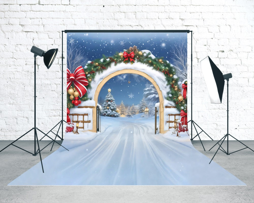 Holiday Backdrop Falling Snow Red Bow Arch Christmas Backdrops for Photography MRR8-105