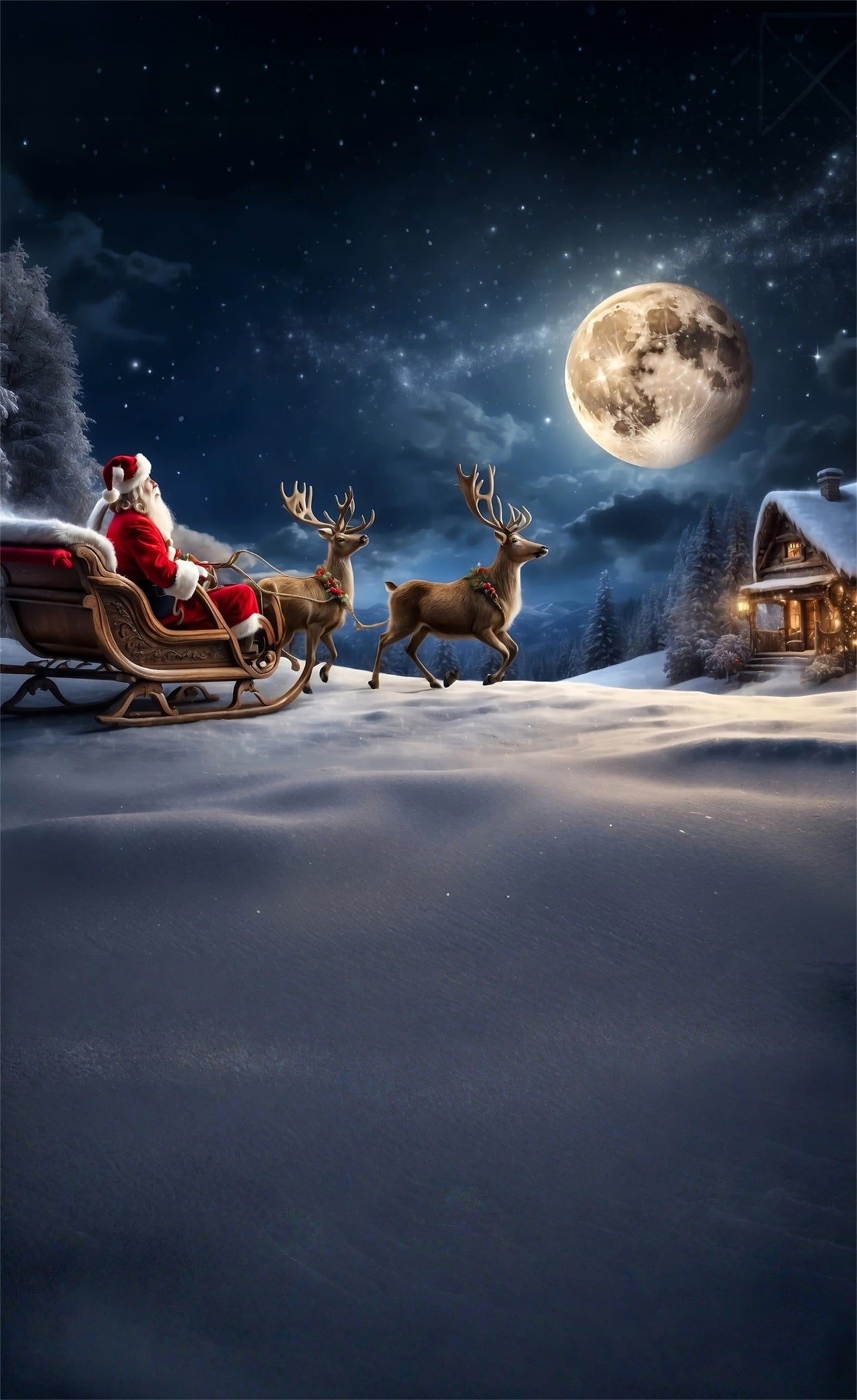 Christmas Village Backdrop Reindeer Sleigh Santa Claus Moonlit Night Christmas Photo Backdrops MRR8-106