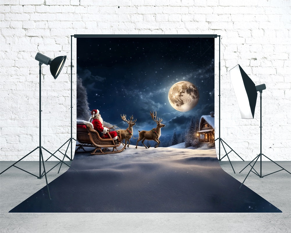 Christmas Village Backdrop Reindeer Sleigh Santa Claus Moonlit Night Christmas Photo Backdrops MRR8-106