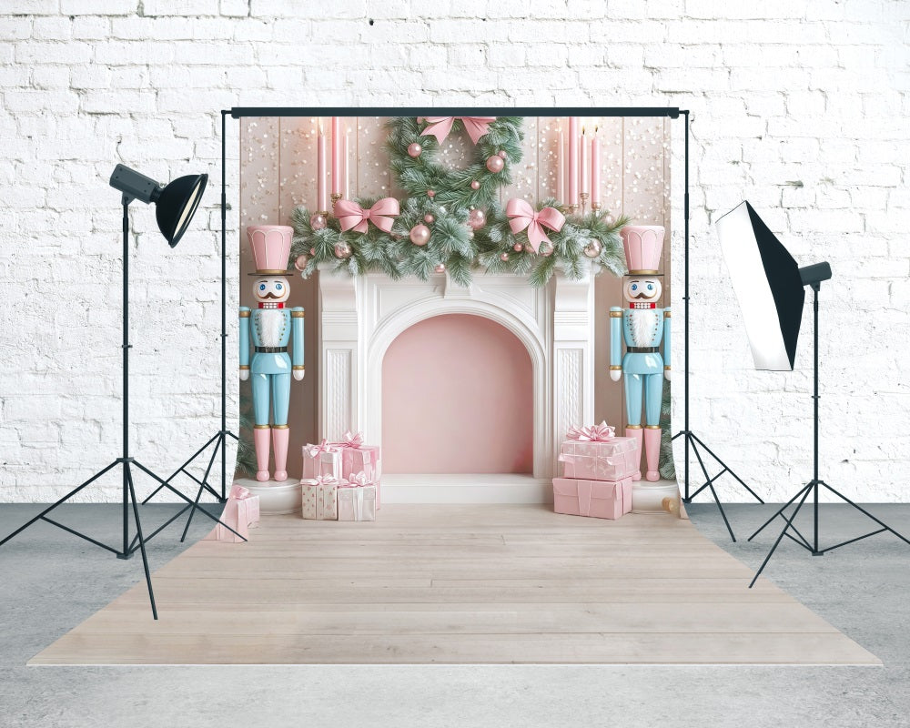 Christmas Fireplace Backdrop Blue and Pink Nutcracker Fireplace Backdrop Christmas MRR8-109