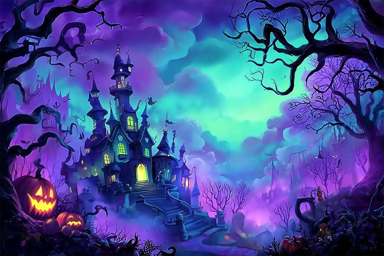 Spooky Halloween Backdrop Misty Forest Castle Pumpkin Backdrop MRR8-11