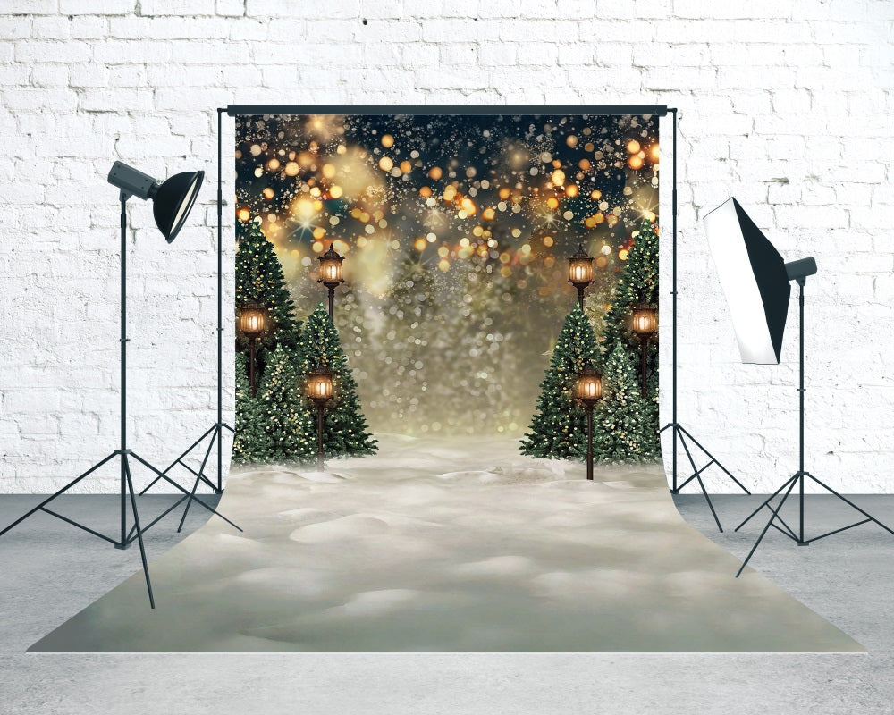 Christmas Tree Farm Backdrop Fantasy Glow Bokeh Warm Streetlight Christmas Photography Backdrops MRR8-111