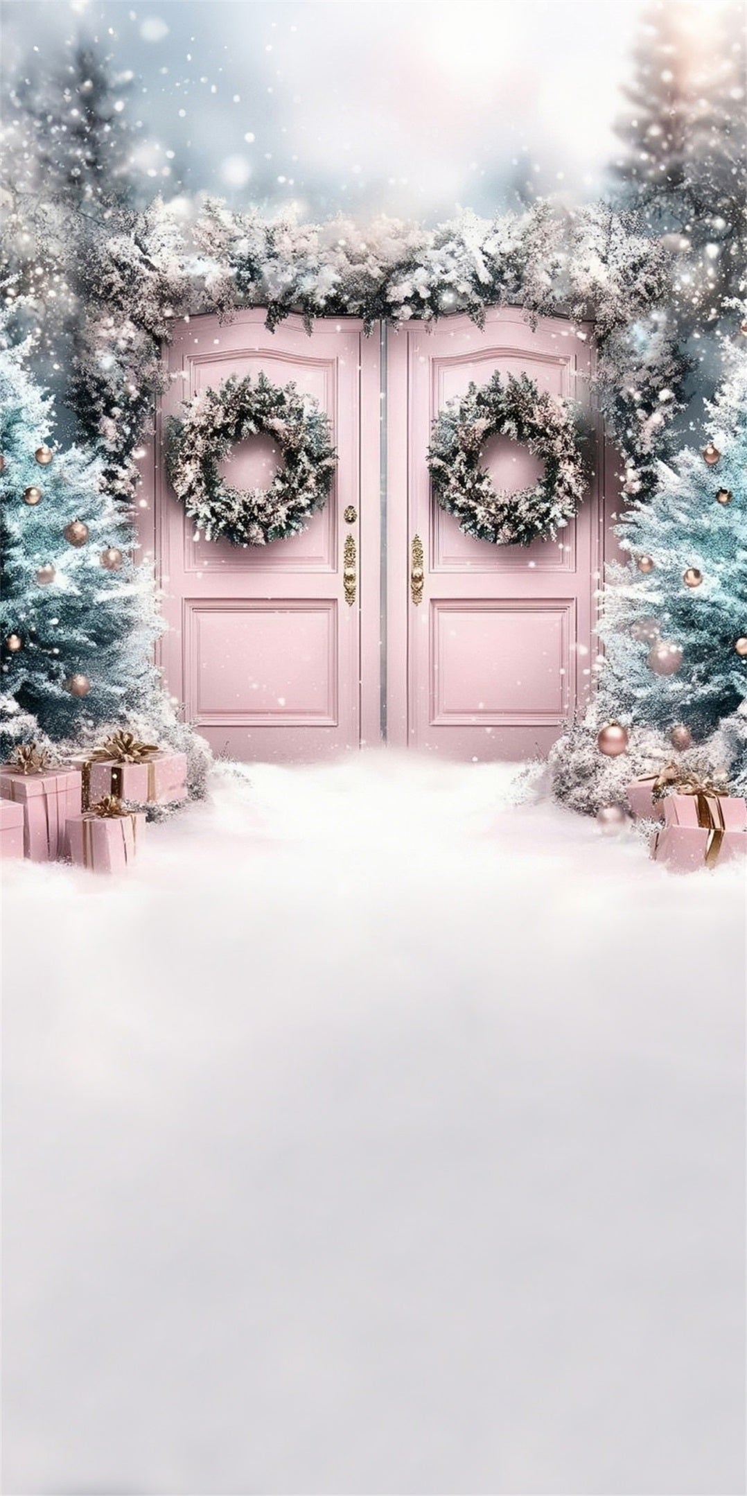 Pink Christmas Backdrop Dreamy Pale Pink Christmas Wreath Gate Christmas Backdrops for Photos MRR8-113
