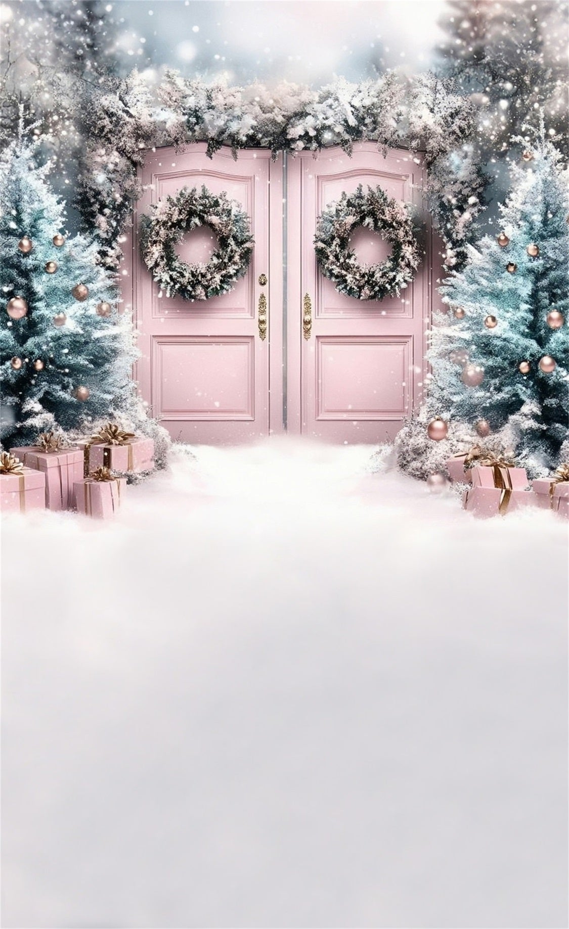 Pink Christmas Backdrop Dreamy Pale Pink Christmas Wreath Gate Christmas Backdrops for Photos MRR8-113