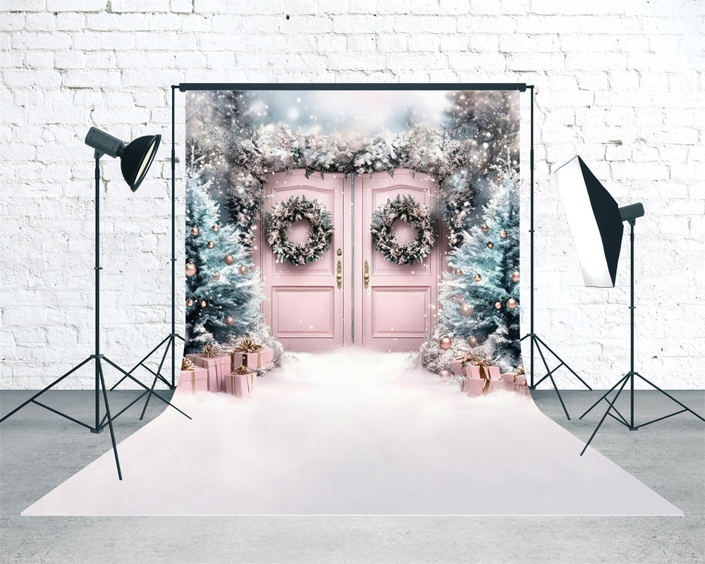 Pink Christmas Backdrop Dreamy Pale Pink Christmas Wreath Gate Christmas Backdrops for Photos MRR8-113