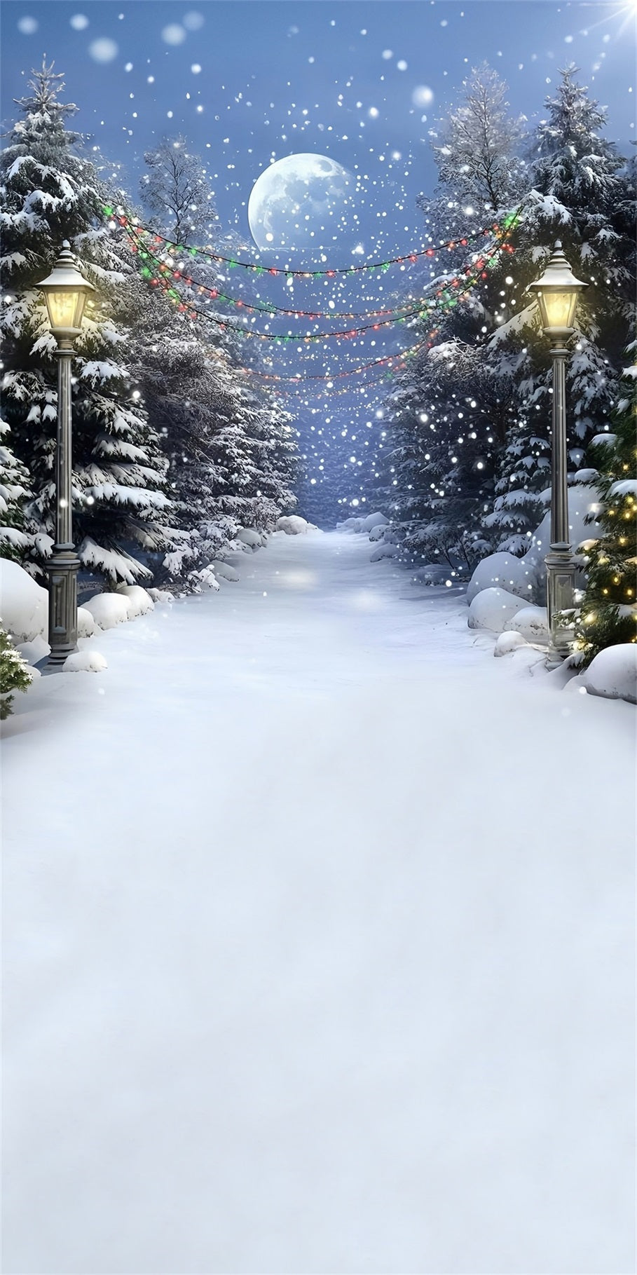 Christmas Tree Farm Backdrop Snowy Night Colored Lights Cedar Trail Christmas Backdrop MRR8-116