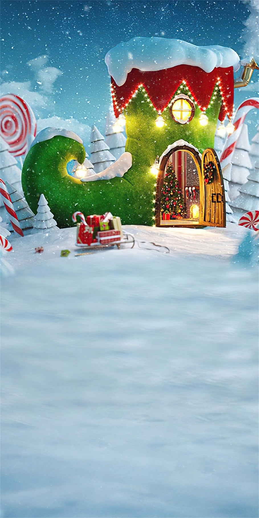 Holiday Backdrop Fairytale Green Boots Cottage Christmas Backdrops MRR8-117