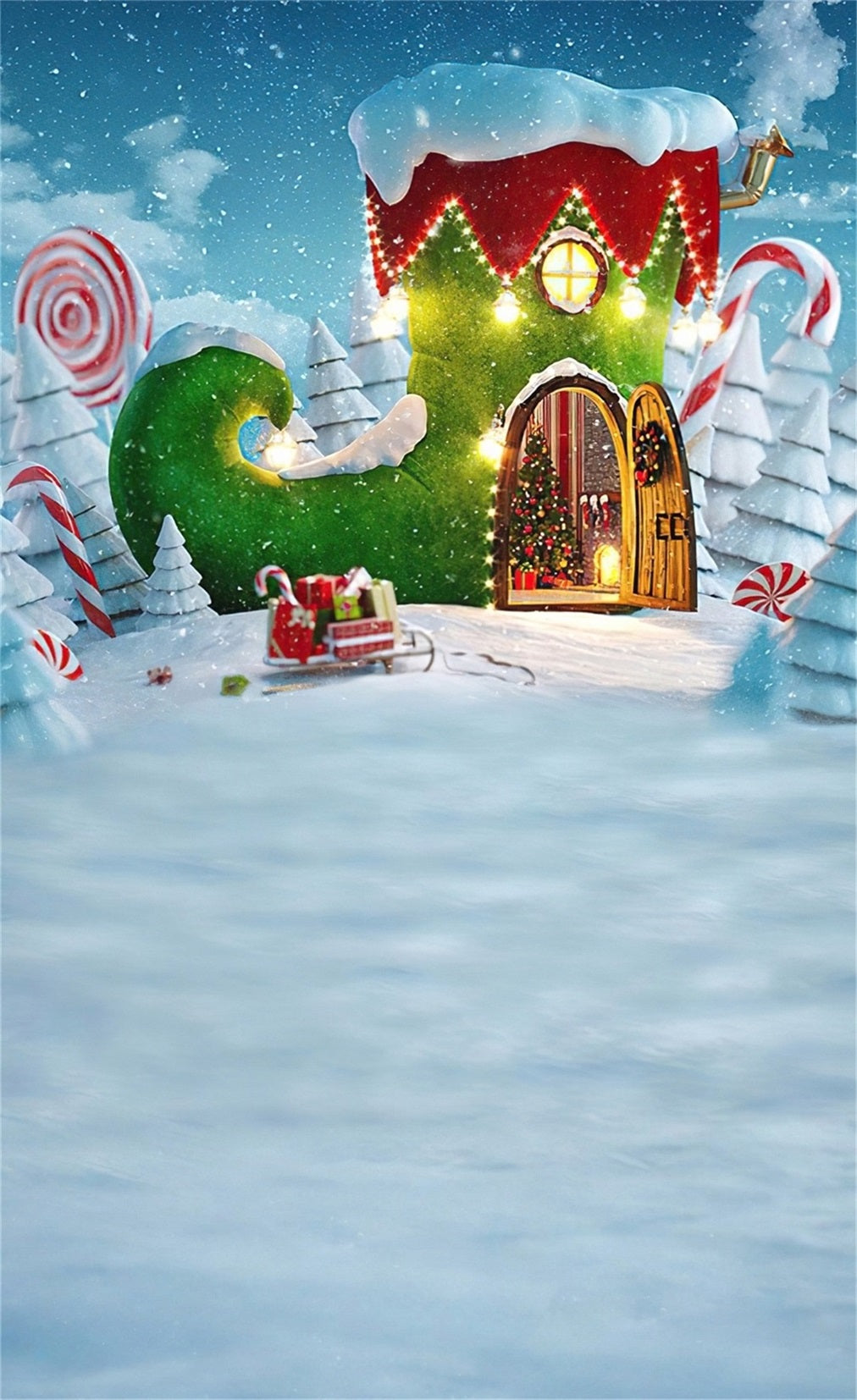 Holiday Backdrop Fairytale Green Boots Cottage Christmas Backdrops MRR8-117