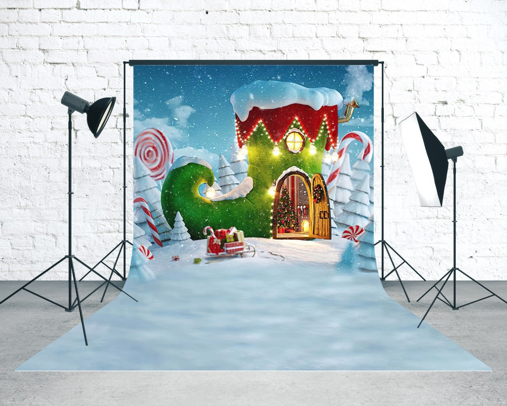Holiday Backdrop Fairytale Green Boots Cottage Christmas Backdrops MRR8-117