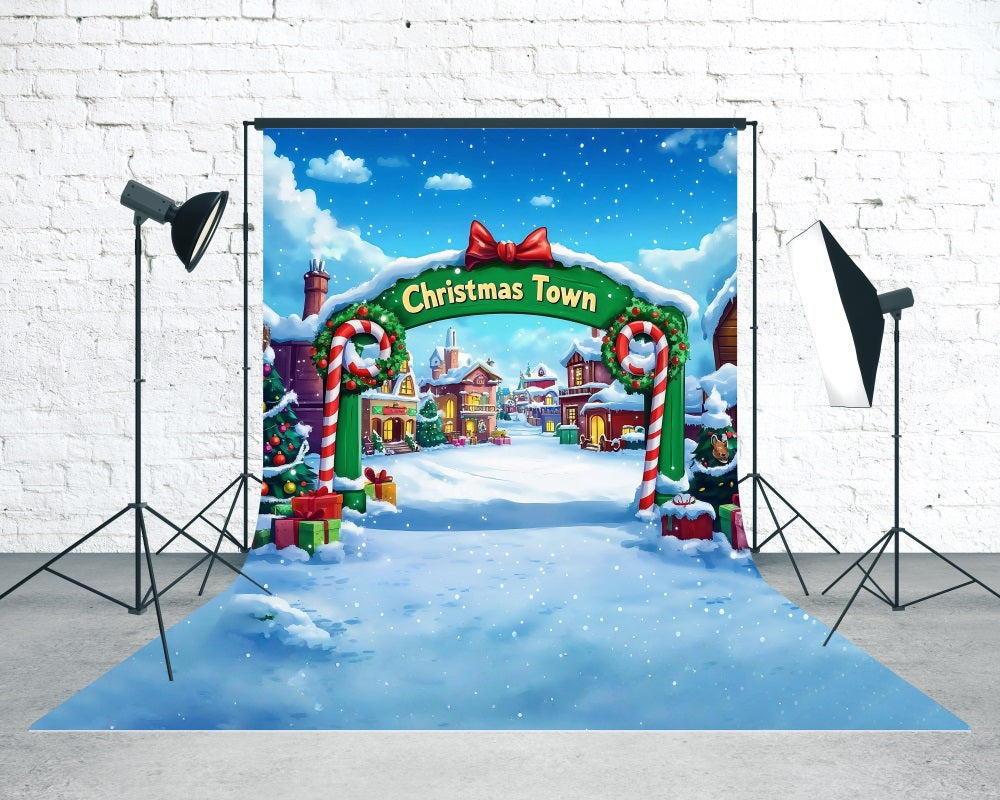 Christmas Village Backdrop Christmas Town Entrance Candy Gate Christmas Photo Backdrop MRR8-118