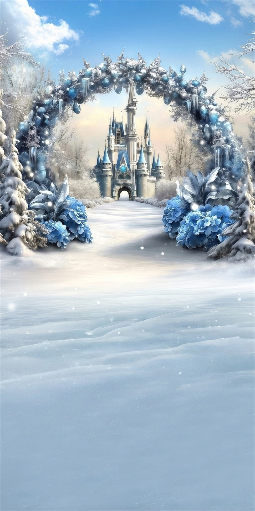 White Christmas Backdrop Castle Entrance Blue Flower Arch Christmas Backdrop for Photos MRR8-119