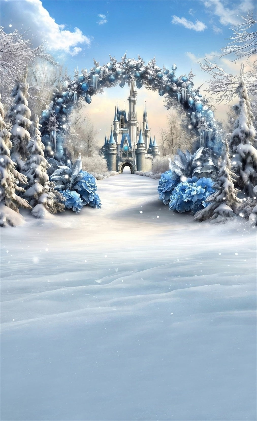 White Christmas Backdrop Castle Entrance Blue Flower Arch Christmas Backdrop for Photos MRR8-119