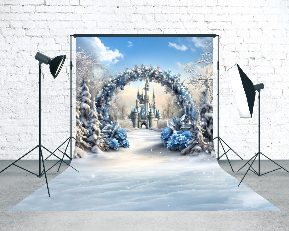 White Christmas Backdrop Castle Entrance Blue Flower Arch Christmas Backdrop for Photos MRR8-119