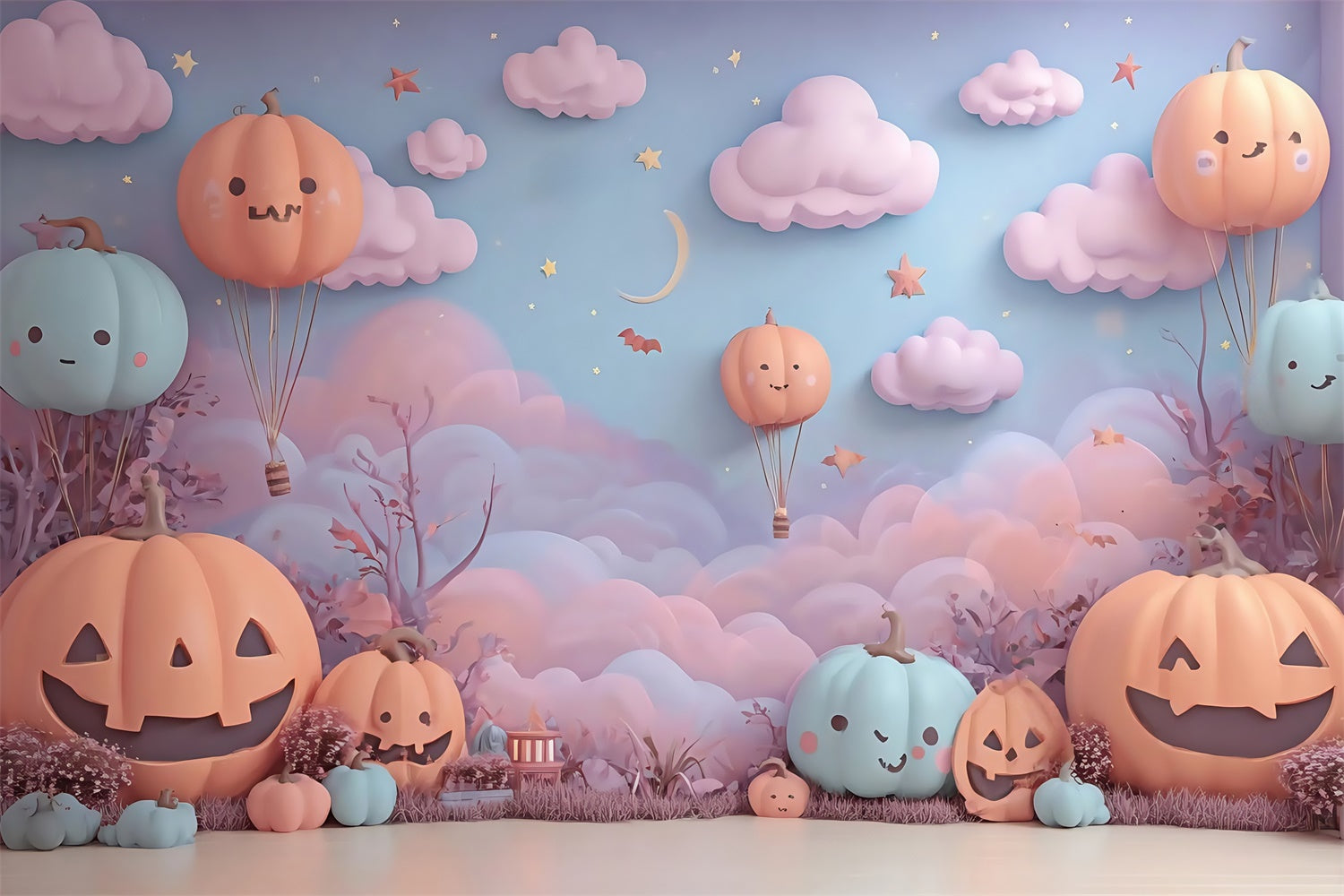 Halloween Backdrops Pumpkin Hot Air Balloon Clouds Stars Kids Backdrop MRR8-12