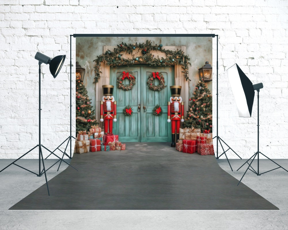 Holiday Backdrop Nutcracker Christmas Blue Wooden Door Christmas Backdrops for Photography MRR8-120