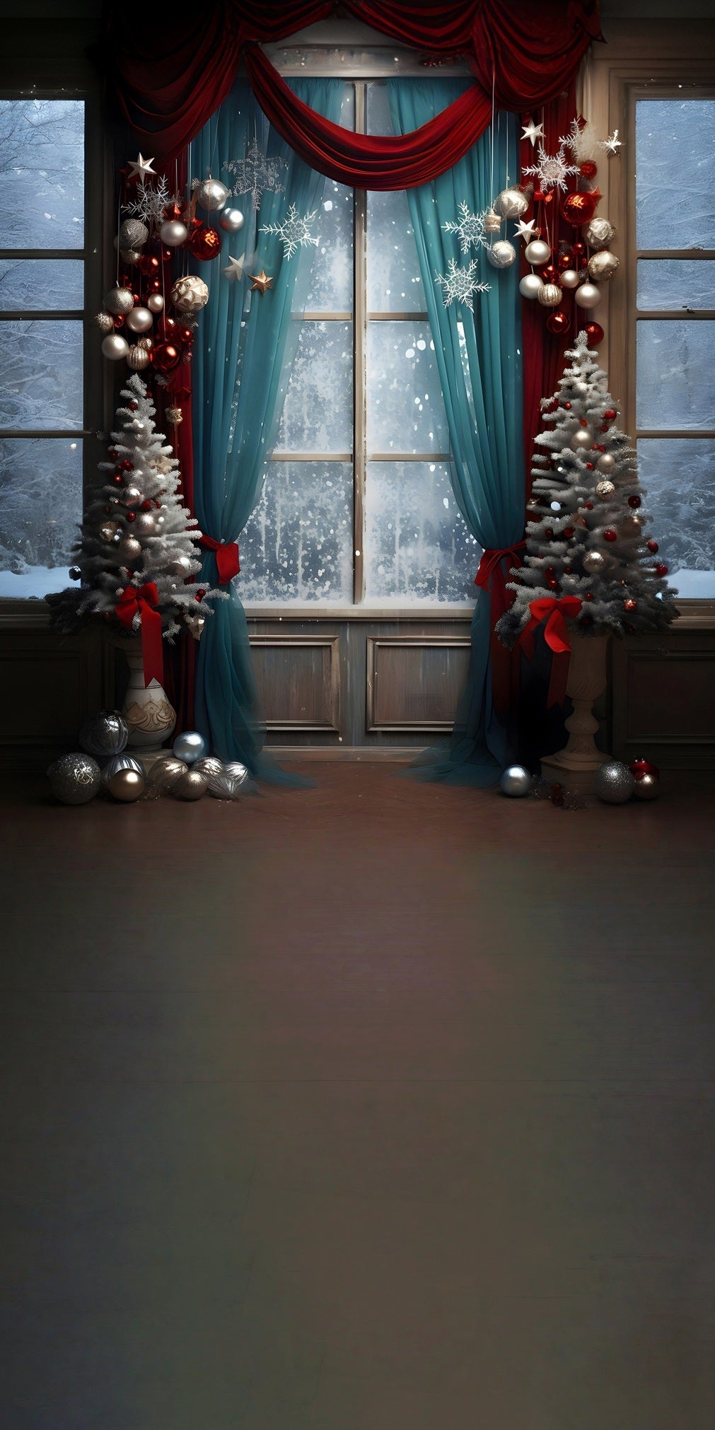 Christmas Backdrop Photography Blue Screen Curtains Snowy Glass Window Christmas Photo Backdrops MRR8-121