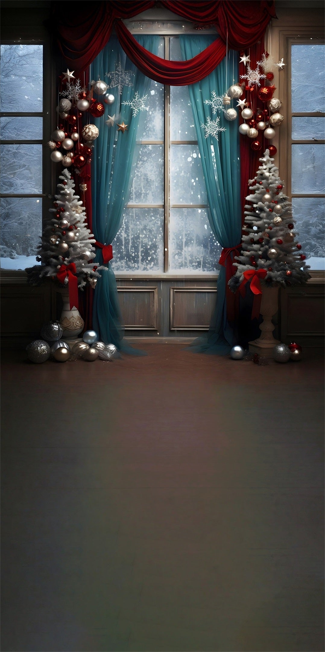 Christmas Backdrop Photography Blue Screen Curtains Snowy Glass Window Christmas Photo Backdrops MRR8-121