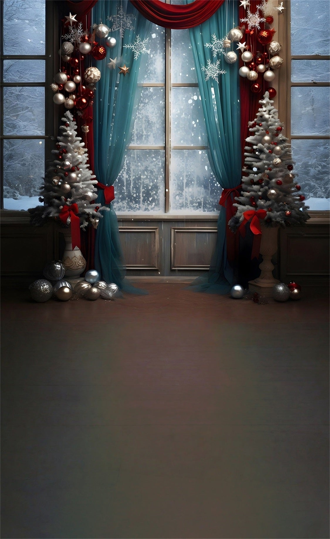 Christmas Backdrop Photography Blue Screen Curtains Snowy Glass Window Christmas Photo Backdrops MRR8-121