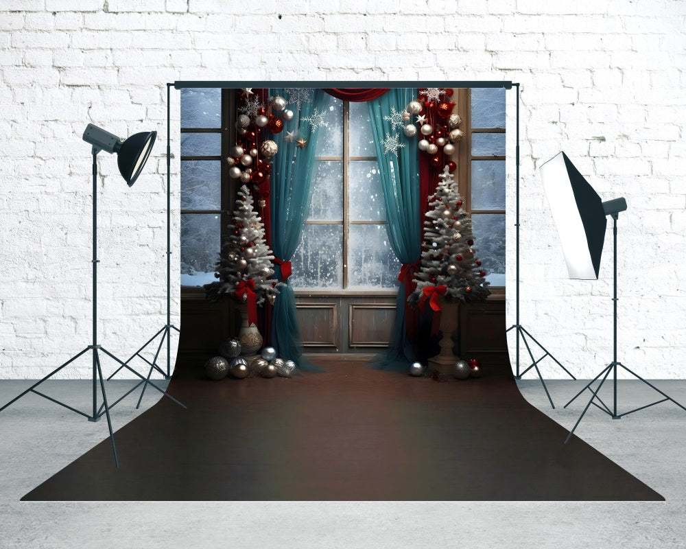 Christmas Backdrop Photography Blue Screen Curtains Snowy Glass Window Christmas Photo Backdrops MRR8-121