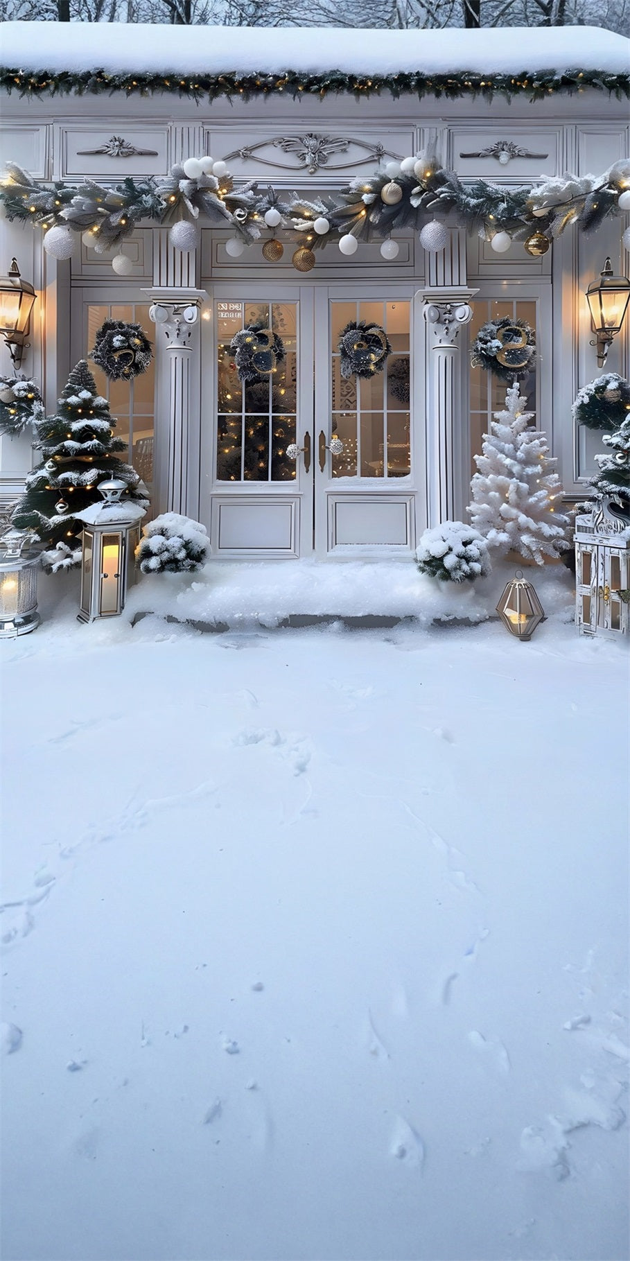White Christmas Backdrop Vintage Warm Light Christmas Gate Christmas Backdrops Sale MRR8-122
