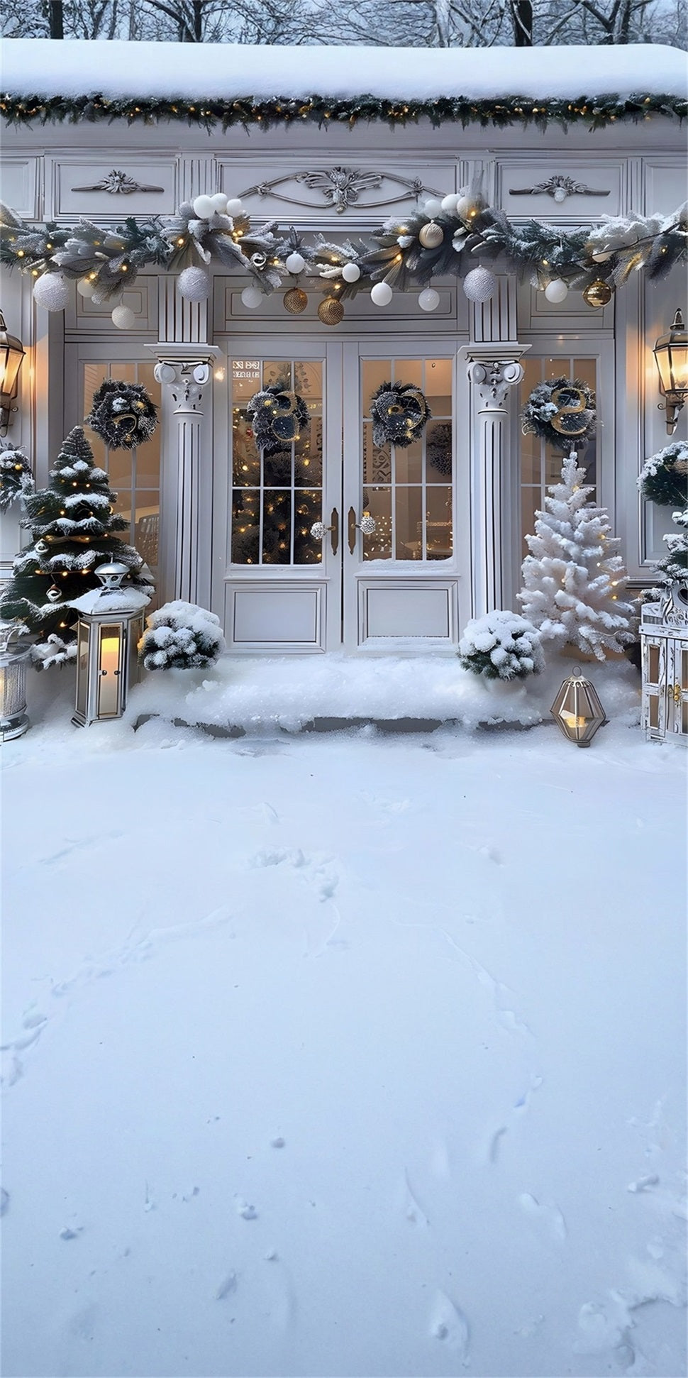 White Christmas Backdrop Vintage Warm Light Christmas Gate Christmas Backdrops Sale MRR8-122