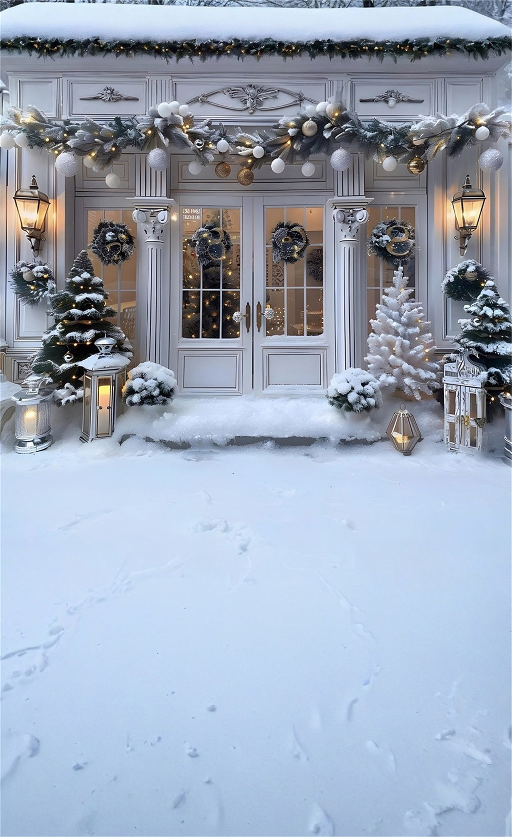 White Christmas Backdrop Vintage Warm Light Christmas Gate Christmas Backdrops Sale MRR8-122