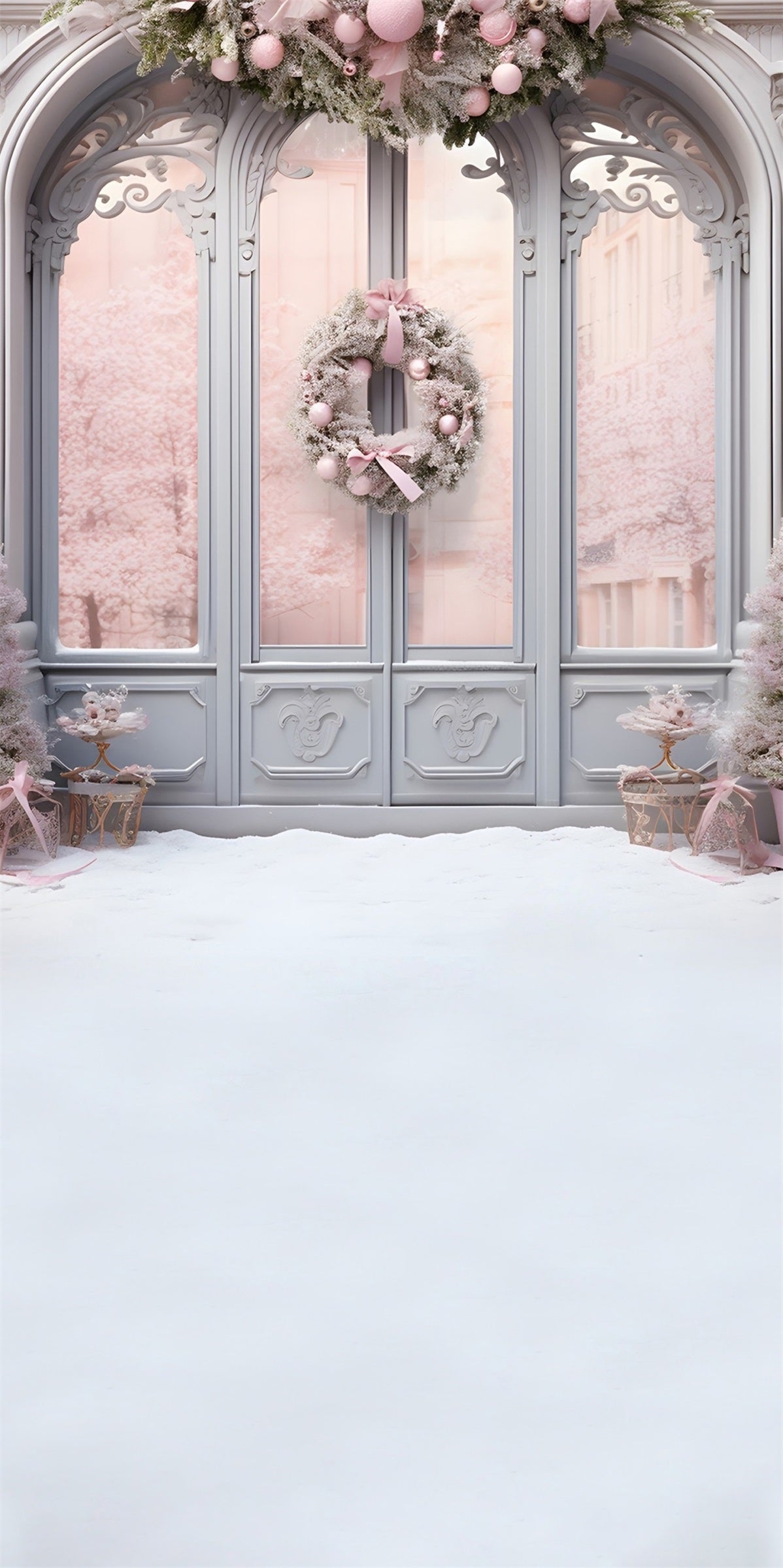 Pink Christmas Backdrop Pink Christmas Wreath Glass Door Backdrop Christmas MRR8-124