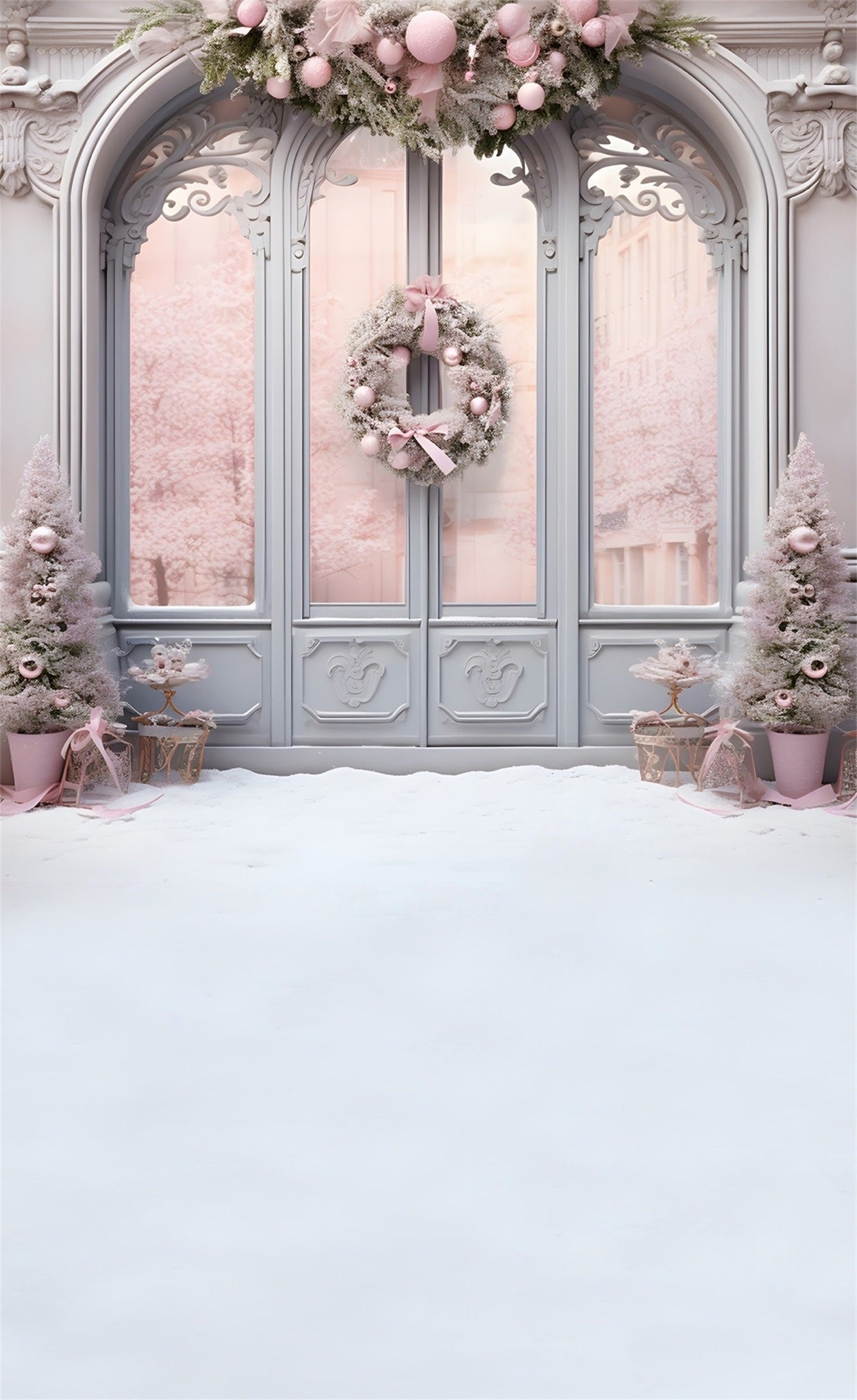 Pink Christmas Backdrop Pink Christmas Wreath Glass Door Backdrop Christmas MRR8-124