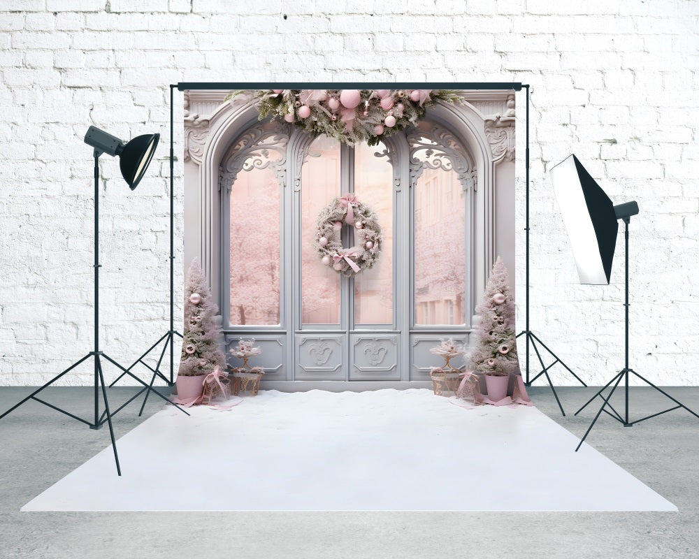 Pink Christmas Backdrop Pink Christmas Wreath Glass Door Backdrop Christmas MRR8-124