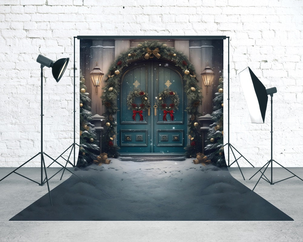 Christmas Backdrop Photography Classic Peacock Blue Christmas Wreath Gate Christmas Backdrops 10x10 MRR8-125